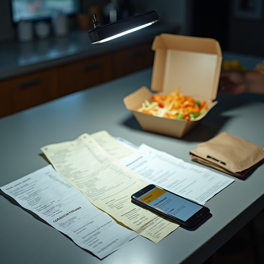 Lieferdienst-Quittungen auf einem Küchentisch neben einem Smartphone
